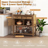 Mid-century console table with walnut finish, featuring 2 drawers, 2 cabinets, and open display for decorative items.