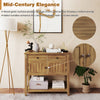 Mid-Century console table in walnut with 2 drawers, open shelf, and metal handles for stylish storage and display.