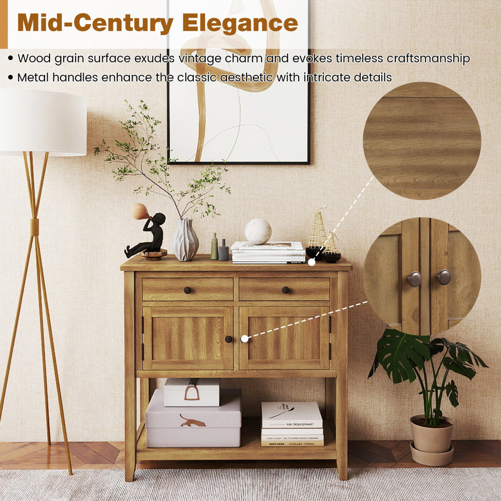 Mid-Century console table in walnut with 2 drawers, open shelf, and metal handles for stylish storage and display.