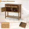 Mid-century console table with 2 drawers and open shelf, walnut finish, ideal for buffet or storage use.