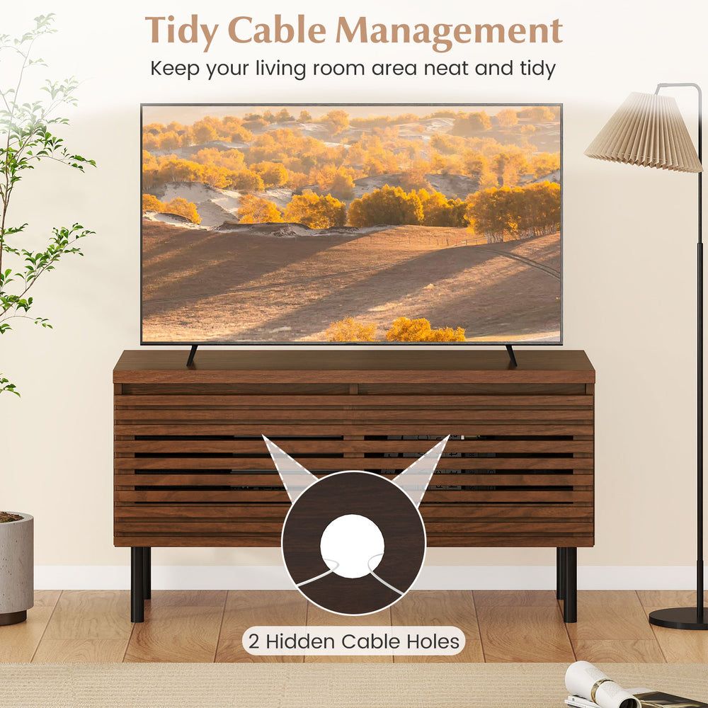 Mid Century Fluted TV Stand in walnut with 2 hidden cable holes, perfect for organizing your living room essentials.