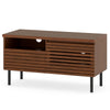 Mid Century fluted TV stand in walnut with open compartment and drawer, perfect for TVs up to 40 inches.