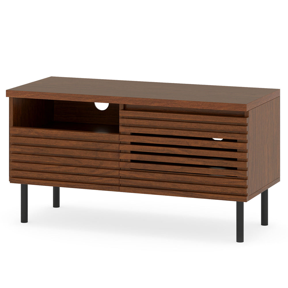 Mid Century fluted TV stand in walnut with open compartment and drawer, perfect for TVs up to 40 inches.