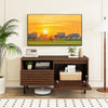 Mid Century fluted TV stand in walnut with open compartment, large drawer, and solid metal legs for modern.