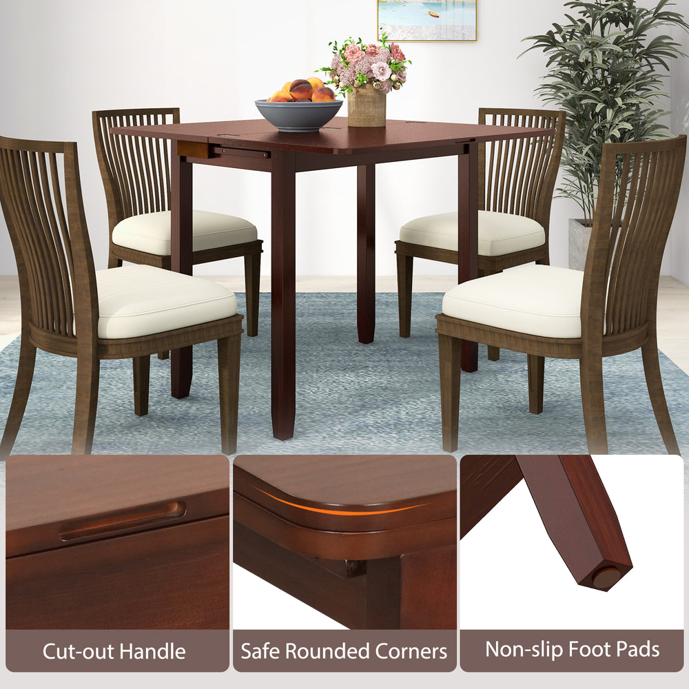 Mid Century folding dining table in cherry finish, extendable for 4 people, featuring hidden storage and safe rounded.