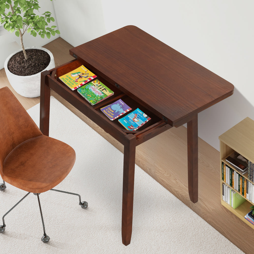 Mid Century folding dining table in cherry finish, showcasing hidden storage for books and magazines, with a sleek.