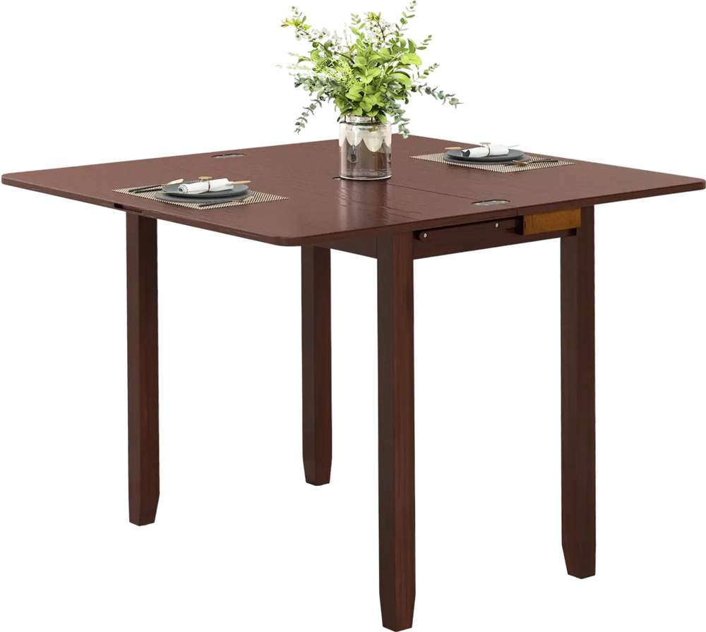 Mid Century folding dining table in cherry color, extendable for 4 people, featuring hidden storage and rounded corners.