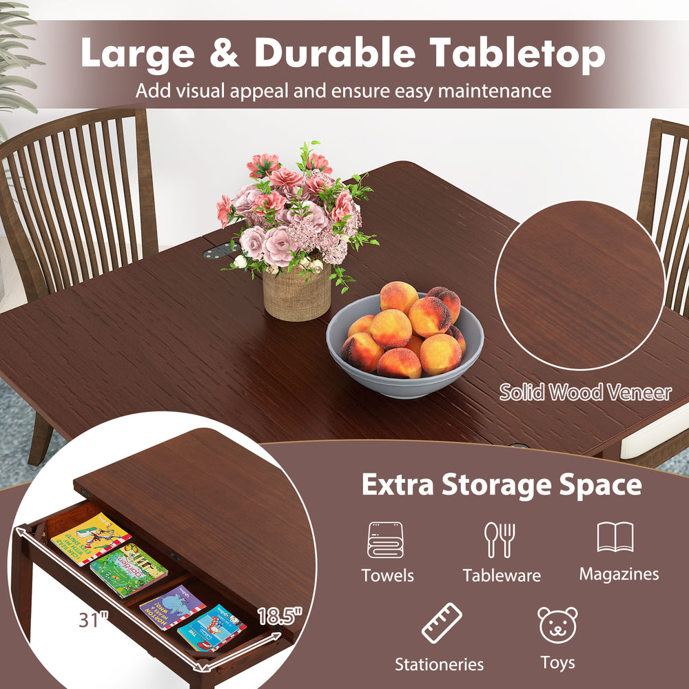 Mid Century folding dining table with solid wood veneer, cherry finish, and hidden storage for towels and magazines.