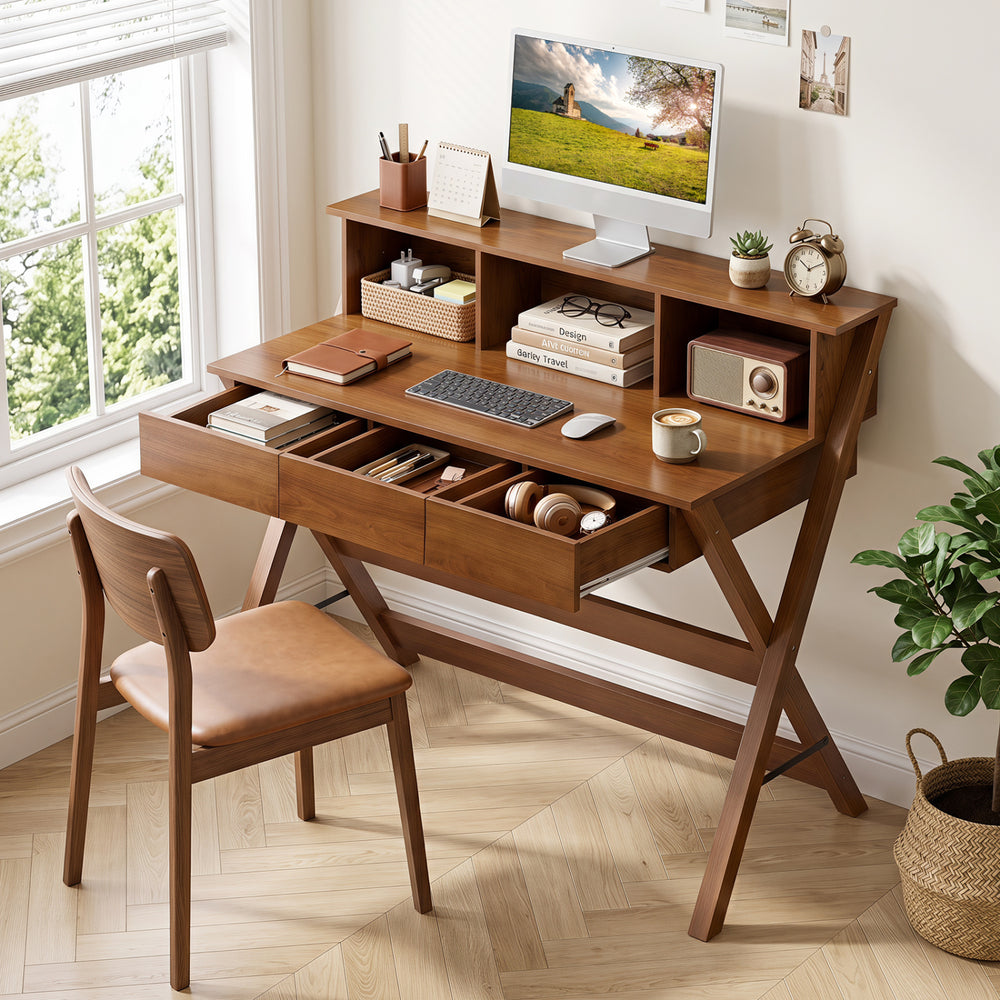 Mid Century Home Office Desk in oak features 3 storage drawers and a monitor stand for ergonomic workspace organization.