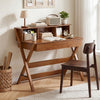 Mid Century Home Office Desk in oak features 3 storage drawers and a monitor stand, perfect for small spaces.