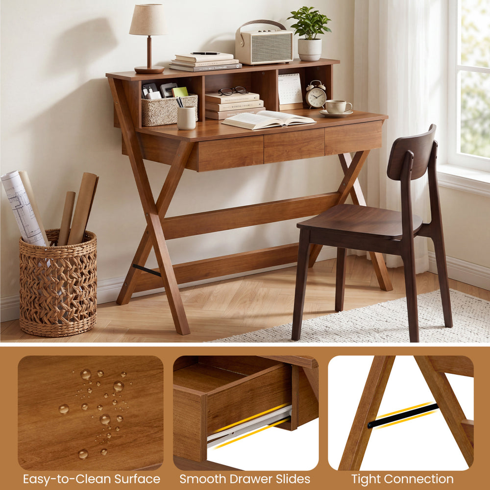 Mid Century Home Office Desk in oak features 3 storage drawers, a monitor stand, and an easy-to-clean surface for compact spaces.