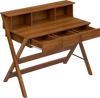 Mid Century Home Office Desk in oak features 3 storage drawers and a monitor stand, perfect for compact spaces.