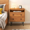 Mid Century Modern 2-drawer nightstand in walnut with open compartment and stylish hairpin legs for bedroom storage.