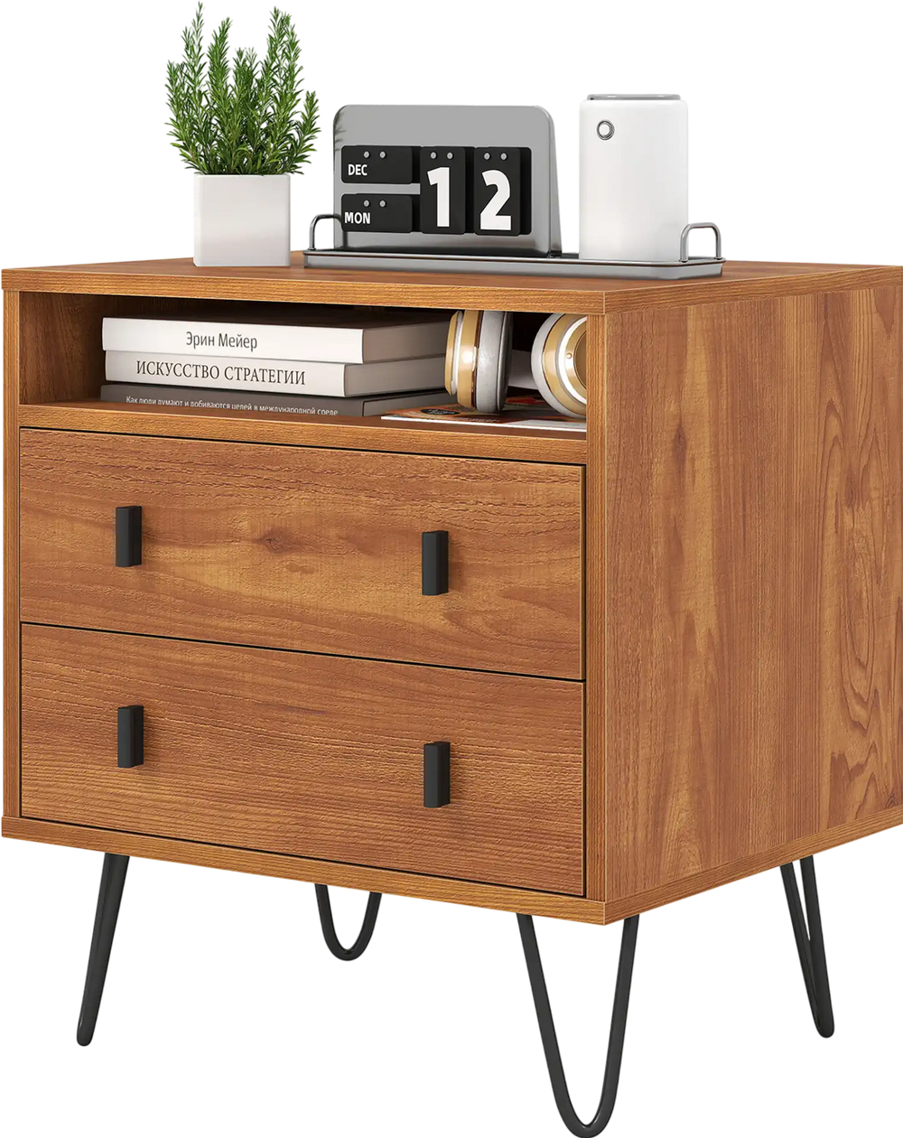 Mid Century Modern nightstand featuring two spacious drawers, sleek hairpin legs, and a retro wood grain finish.