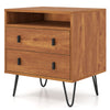 Mid Century Modern 2-drawer nightstand in walnut with elegant wood grain finish and hairpin legs for a retro aesthetic.