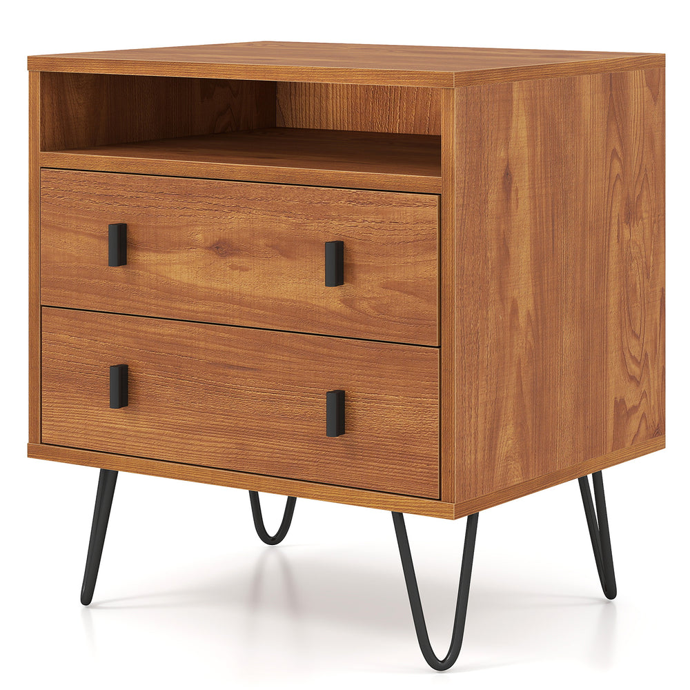 Mid Century Modern 2-drawer nightstand in walnut with elegant wood grain finish and hairpin legs for a retro aesthetic.