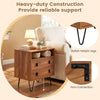 Mid Century Modern 2-drawer nightstand in walnut with stylish hairpin legs and open storage compartment for easy access.