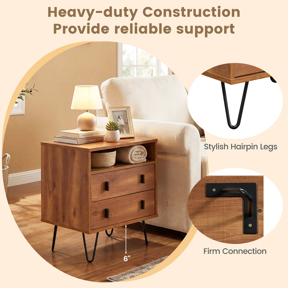 Mid Century Modern 2-drawer nightstand in walnut with stylish hairpin legs and open storage compartment for easy access.
