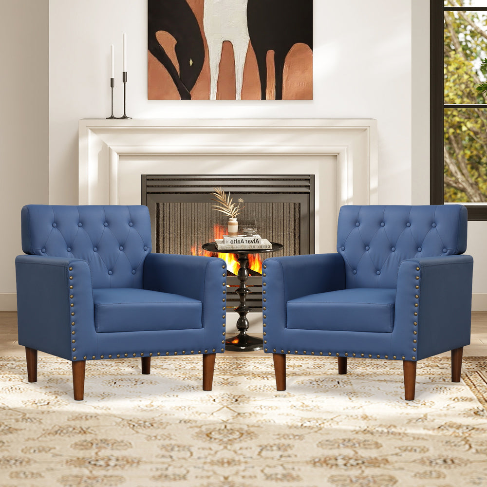 Blue Mid Century Modern accent chairs with button tufted design and rivets, perfect for living rooms and home offices.