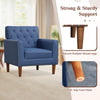 Mid Century Modern accent chair in blue with button tufting, rubber wood legs, and anti-slip foot pads for stability.