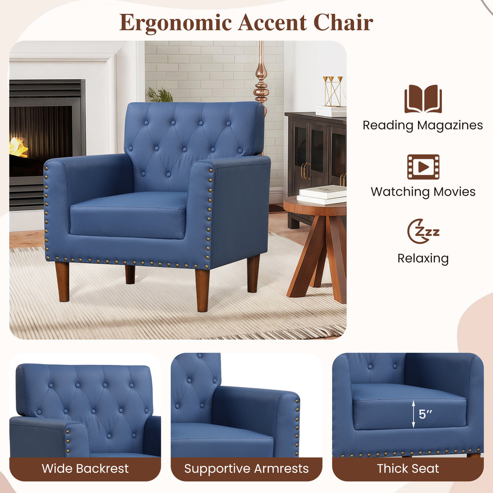 Mid Century Modern accent chair in blue with button tufted design, wide backrest, and supportive armrests for comfort.