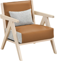 Mid-century modern accent chair with brown artificial leather and rubber wood frame, featuring a removable cushion and.