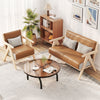 Mid-century modern accent chair in brown artificial leather with rubber wood frame, ideal for living room or office use.