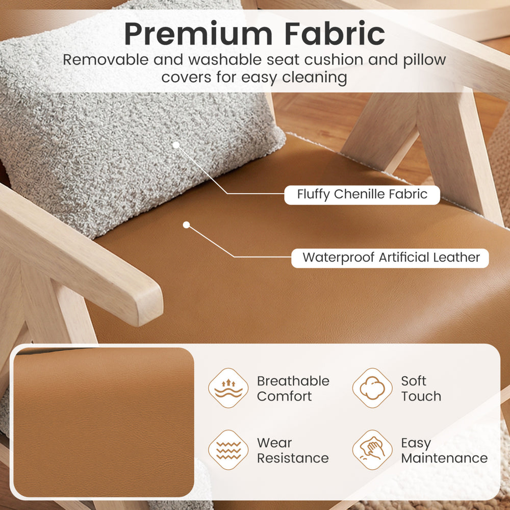 Mid-century modern accent chair in brown with soft chenille fabric, rubber wood frame, and removable cushion for easy.
