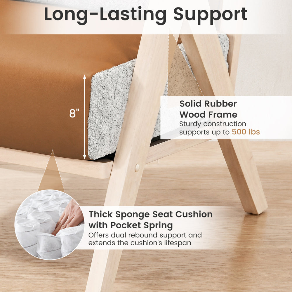 Mid-century modern accent chair in brown with rubber wood frame, thick sponge cushion, and ergonomic backrest for.