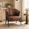 Curved backrest Mid Century Modern accent chair in brown with wide seat and stable metal frame for versatile living room use.