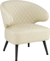 Curved Mid Century Modern accent chair in beige PU leather features diamond stitching and metal legs for stability.
