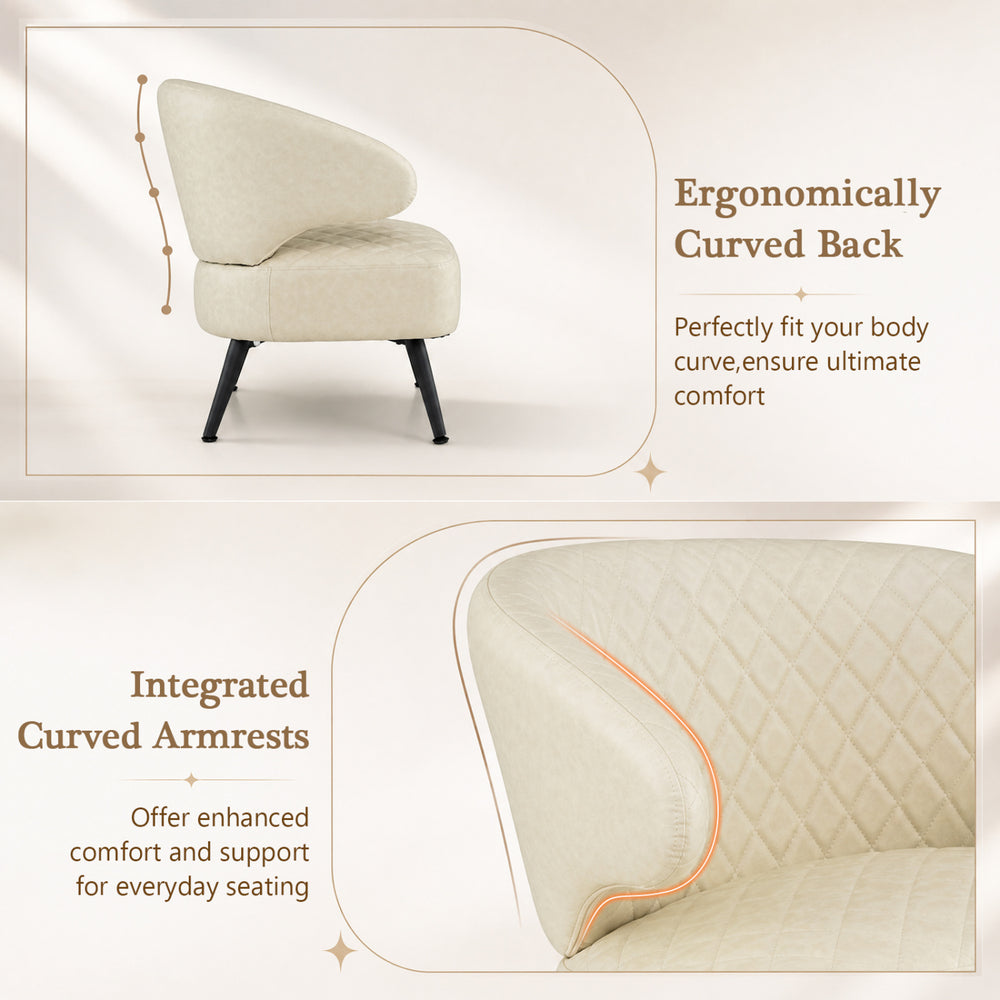Curved back and integrated armrests enhance comfort in this Mid Century Modern accent chair upholstered in white PU leather.