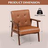 Mid Century Modern accent chair with brown leather cover and solid rubber wood frame, featuring dimensions and weight.