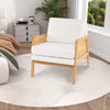 Mid century modern accent chair with rattan arms, soft sherpa fabric, and sturdy rubber wood legs for cozy living.