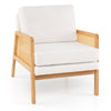Mid century modern accent chair featuring a plush sherpa seat and elegant rattan armrests, perfect for stylish home.