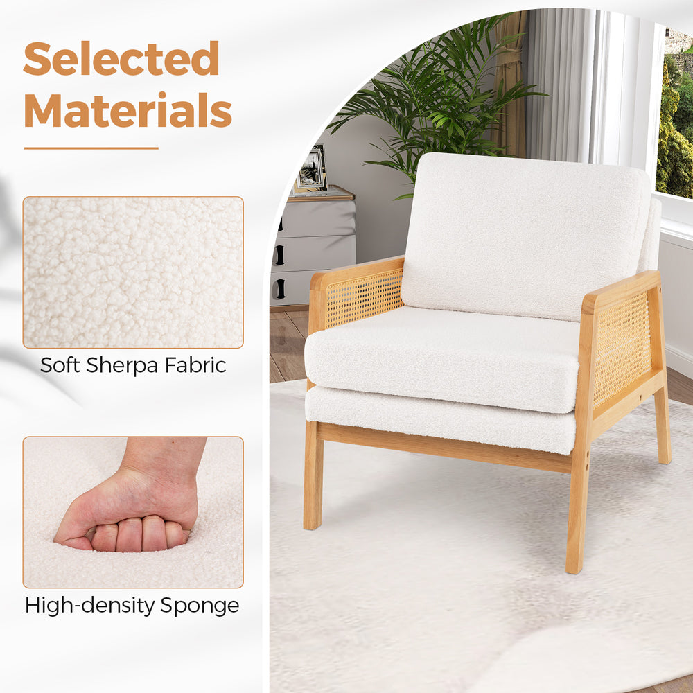 Mid century modern accent chair with rattan arms, soft sherpa fabric, and high-density sponge for cozy comfort.