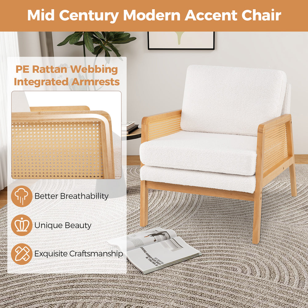 Mid century modern accent chair with PE rattan armrests and soft sherpa cushion, ideal for living room or cozy corners.