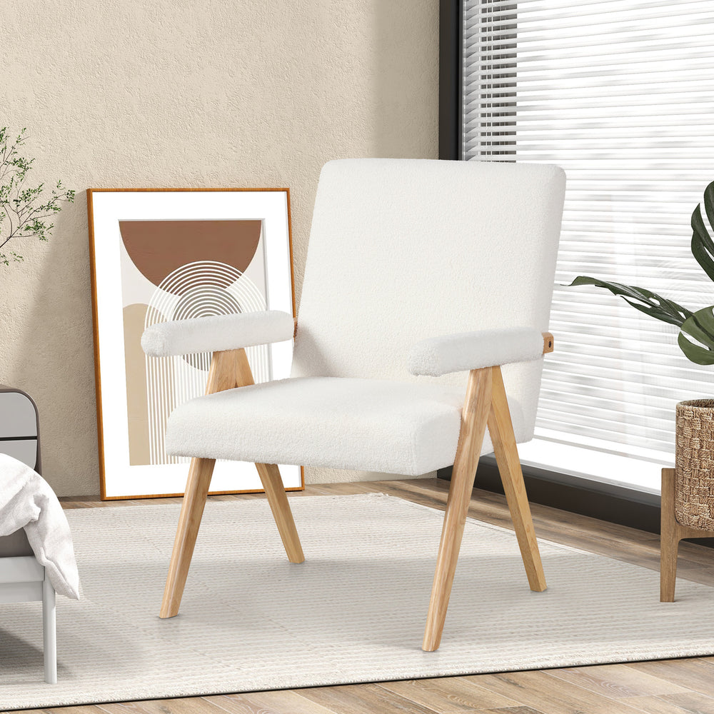 Mid Century Modern accent chair in white Sherpa fabric with rubber wood frame and padded armrests for stylish comfort.