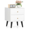 Mid Century Modern bedside table in white featuring a spacious top, two drawers, and chic golden knobs for elegant.