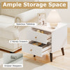 Mid Century Modern bedside table in white with spacious tabletop, 2 drawers, and golden knobs for stylish storage.