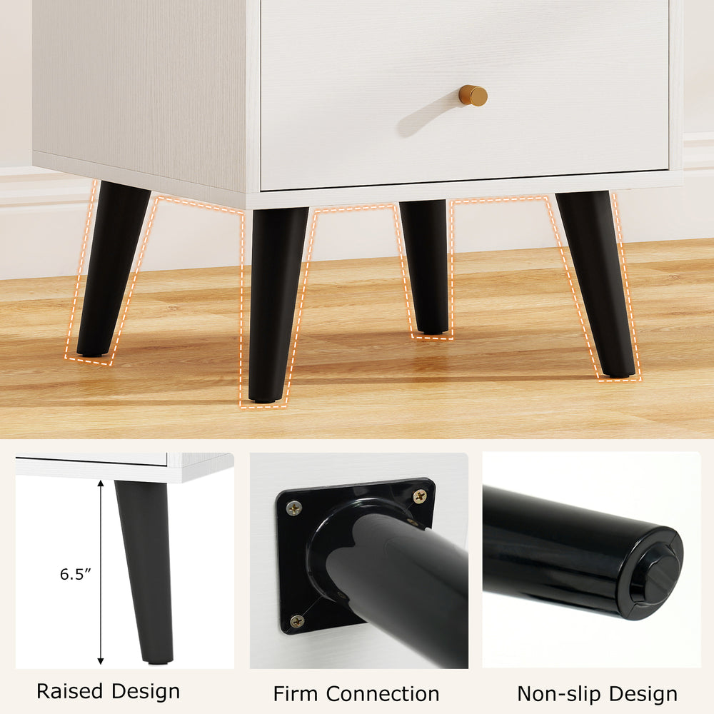 Close-up of the Mid Century Modern bedside table's raised black legs, featuring a firm connection and non-slip design.