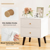 Mid Century Modern bedside table with golden knobs, wood textured surface, and two drawers for stylish storage.