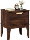 Mid Century Modern bedside table in walnut with a drawer and tapered legs, perfect for bedroom essentials and tidy.