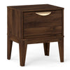 Mid Century Modern bedside table in walnut with a drawer and tapered legs, perfect for bedroom organization.
