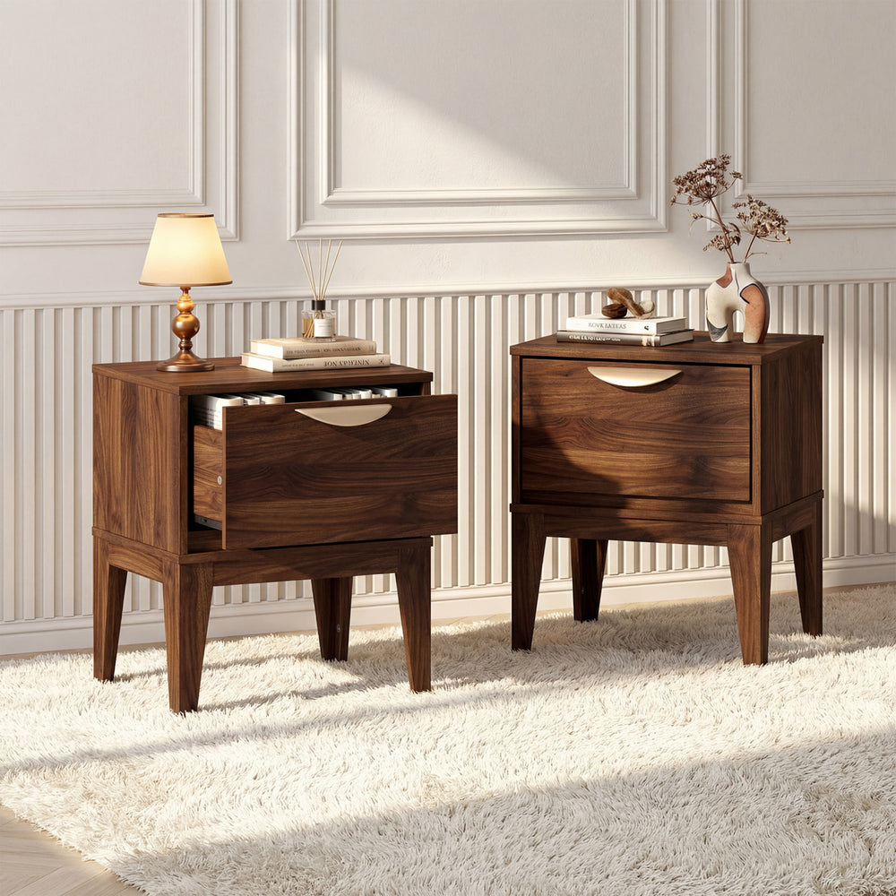 Mid Century Modern bedside table featuring a drawer and tapered legs, showcasing a warm walnut finish for stylish.
