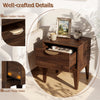 Mid Century Modern bedside table in walnut with a drawer, tapered legs, and a sleek golden handle for stylish storage.