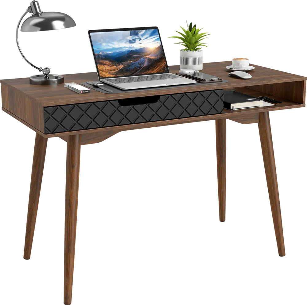 Mid-century modern computer desk in brown with a drawer and open compartment, ideal for workspace organization.