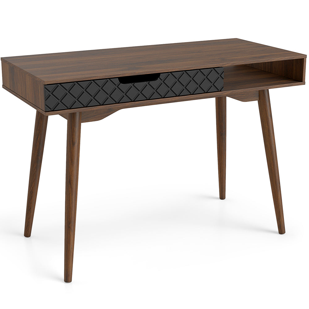Mid-century modern computer desk in brown with a drawer and open compartment, ideal for working and studying.