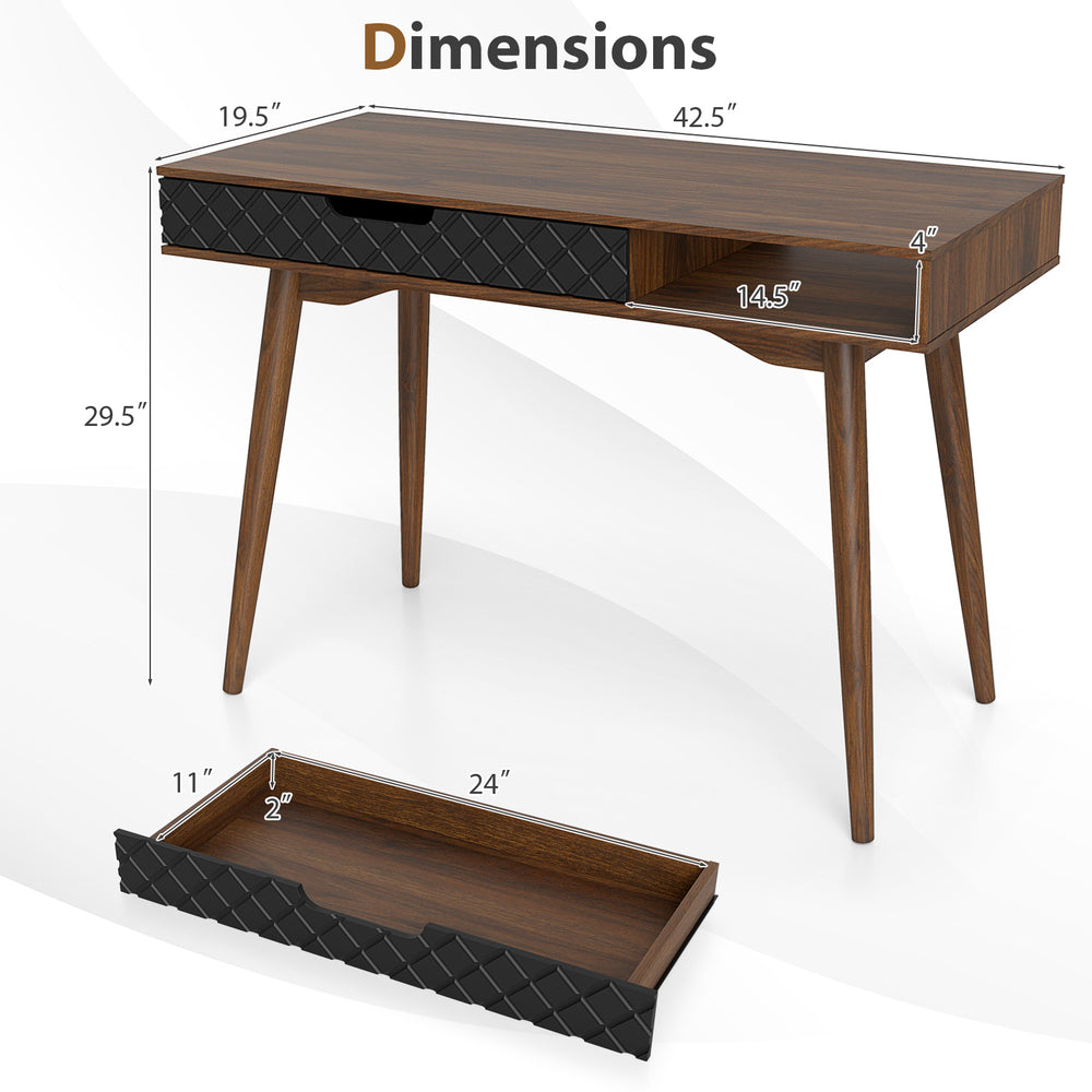 Dimensions of mid-century modern computer desk in brown, showcasing drawer and open compartment for versatile storage.