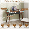 Mid-century modern computer desk in brown with slide-out drawer and open compartment for versatile storage options.